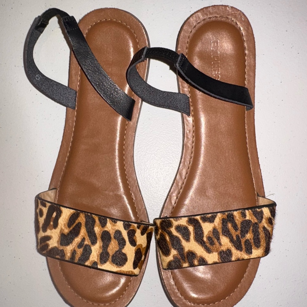 Express Leopard Print Sandals with Black Straps